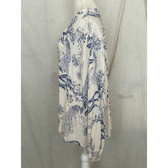 Free People Oversized Metallic Blooms Cream Blue Floral Blouse Size XS - Picture 5 of 9